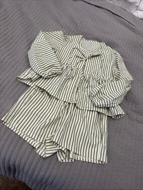 Striped Two-Piece Top and Shorts Set in Cream and Green
